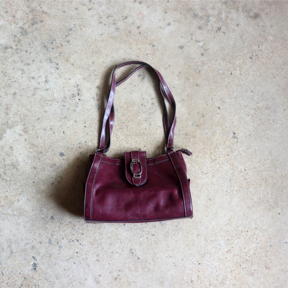Y2K Oxblood Burgundy Vinyl Shoulder Bag Magnetic Side Pockets Baguette Purse